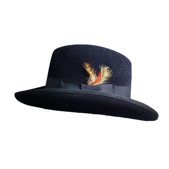 Reed Hill Fur Blend Hat Size 7 Custom Made Navy Blue With Band and Feather - Picture 3 of 13